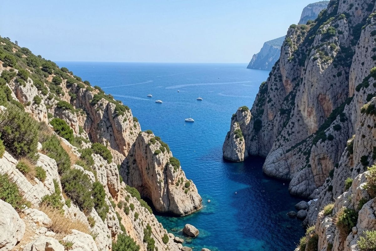 Vista panoramica di Polignano a Mare, con le sue scogliere e il mare blu