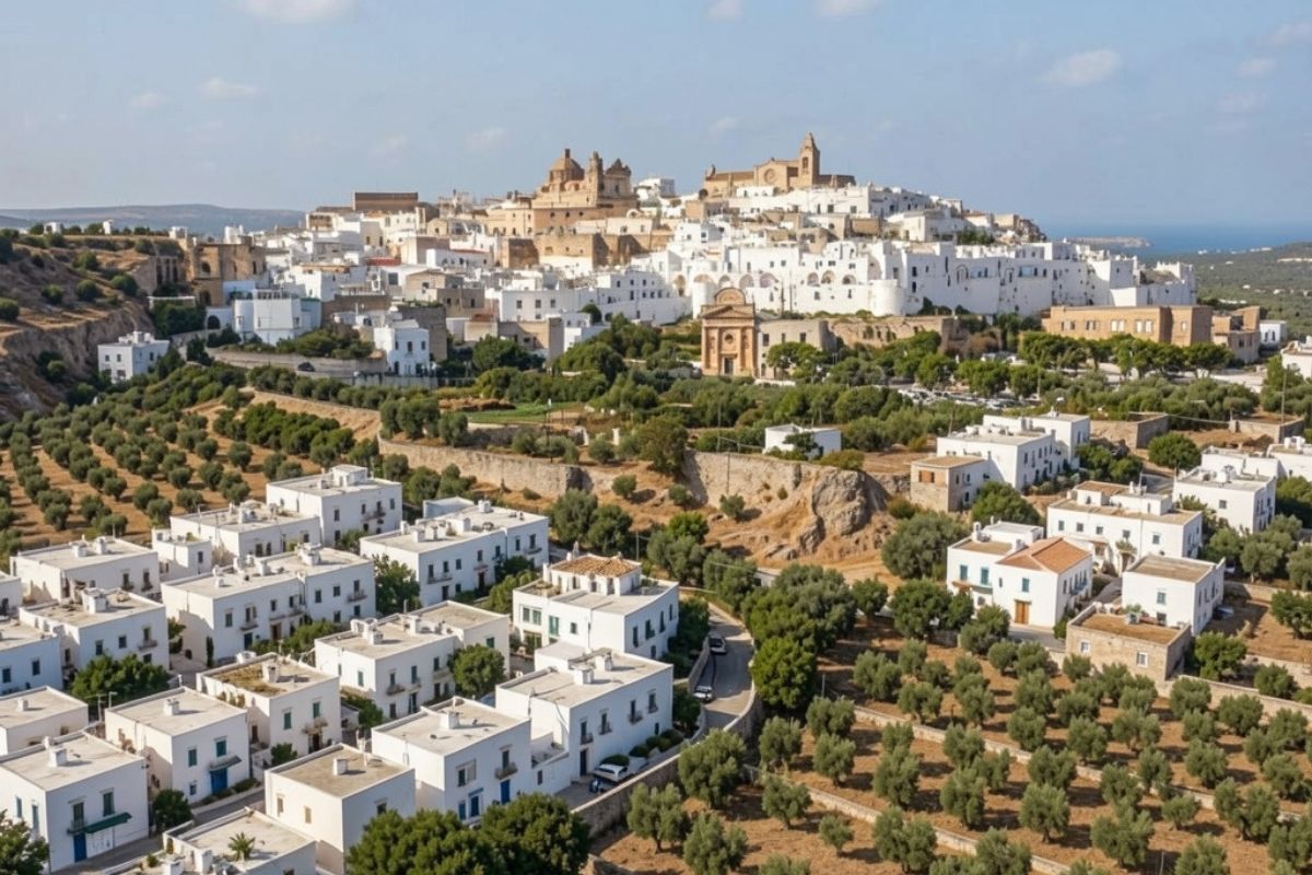 Vista panoramica di Ostuni con le sue case bianche e uliveti, perfetta per catturare l'essenza della città.