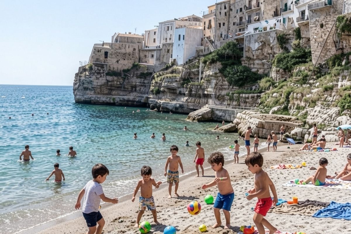 Bambini che giocano sulla spiaggia di Polignano a Mare, divertimento al sole